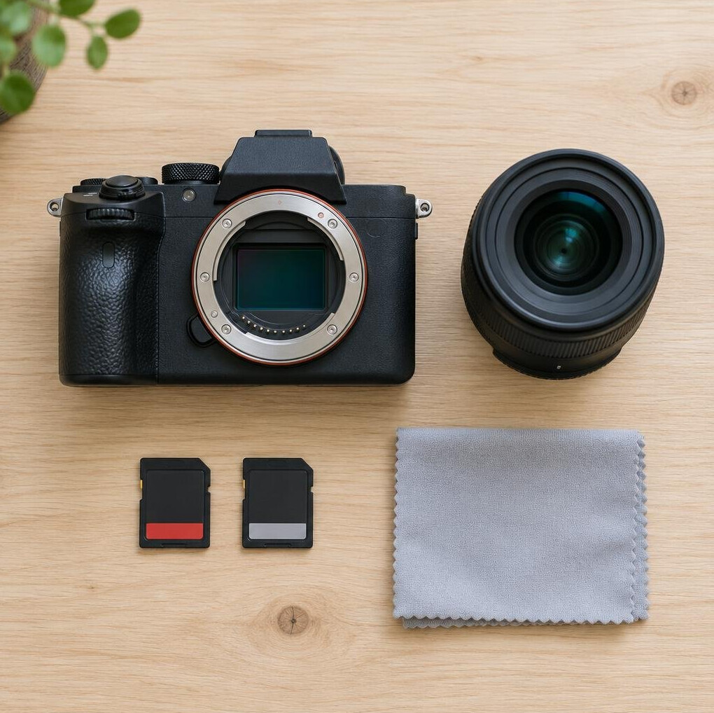 Camera body with lens and accessories laid out on a table