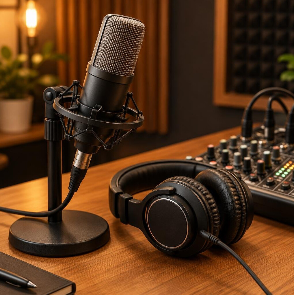 Microphone and headphones on a sound recording desk