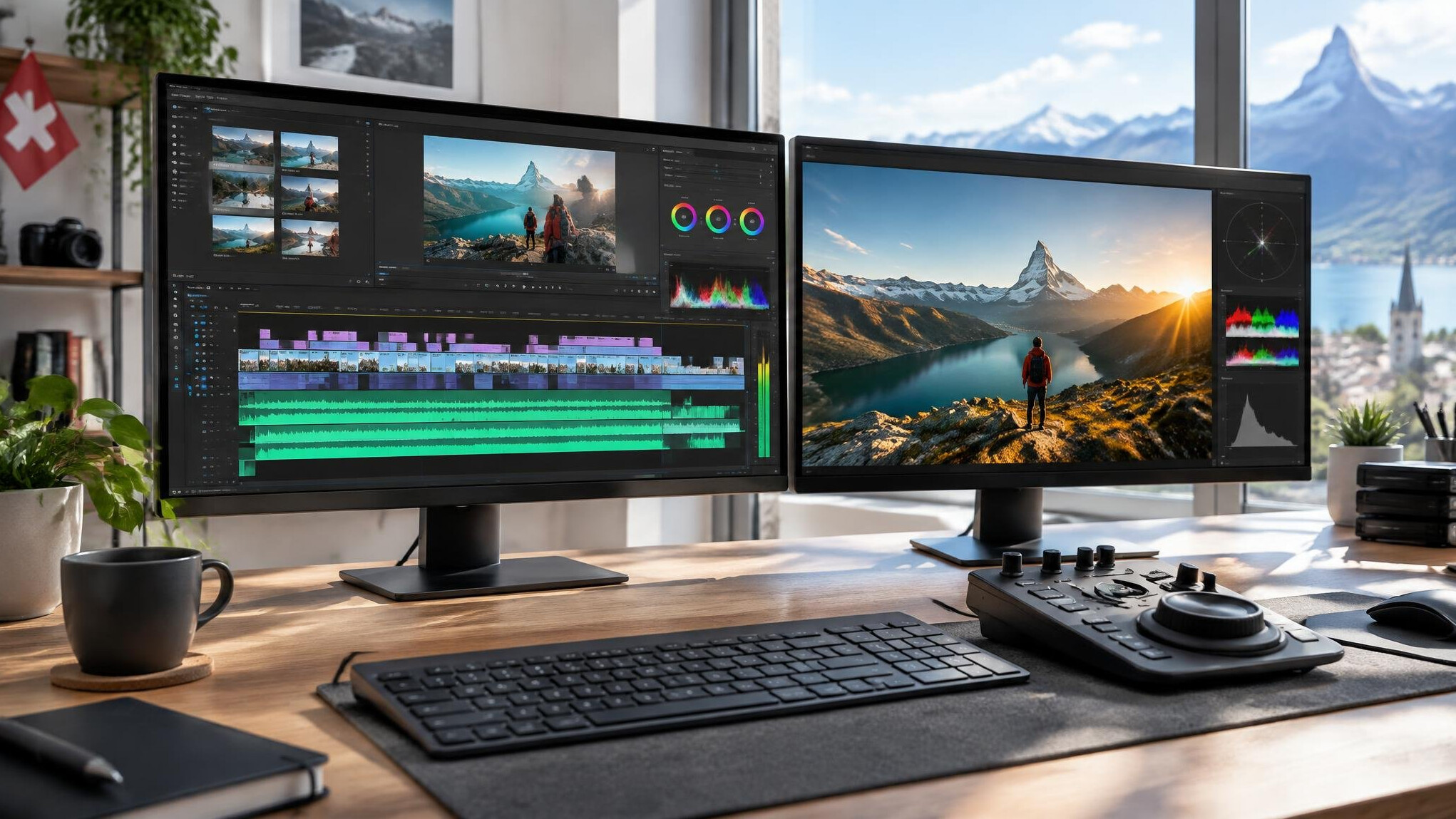 Video editing workstation with dual monitors showing a colour graded timeline