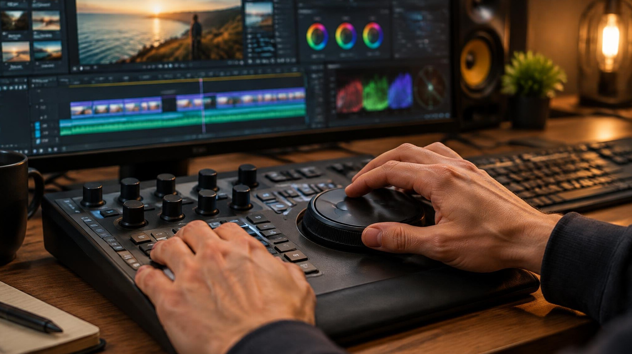 Close-up of hands operating a video editing jog wheel controller