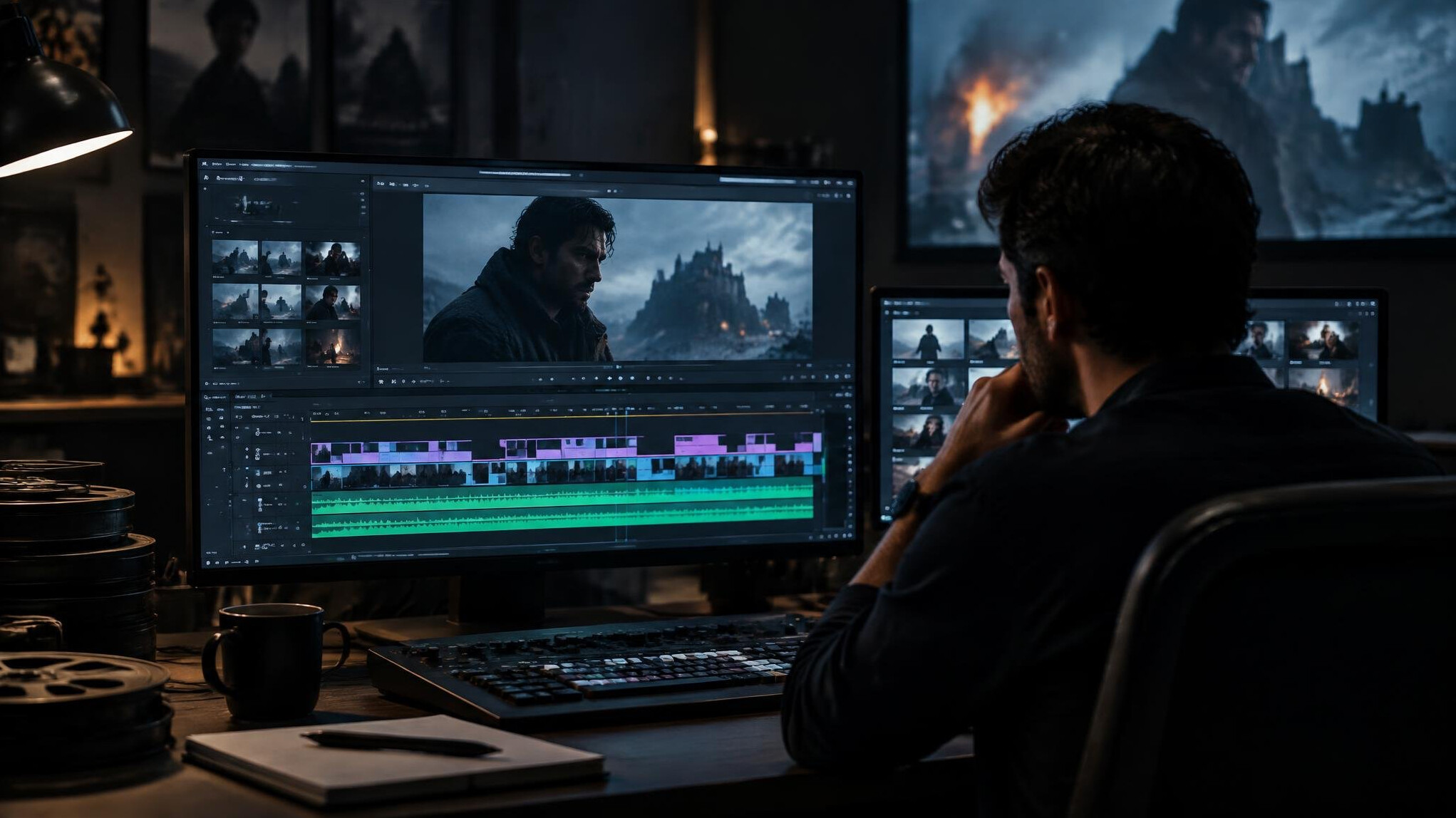professional video editor cutting film