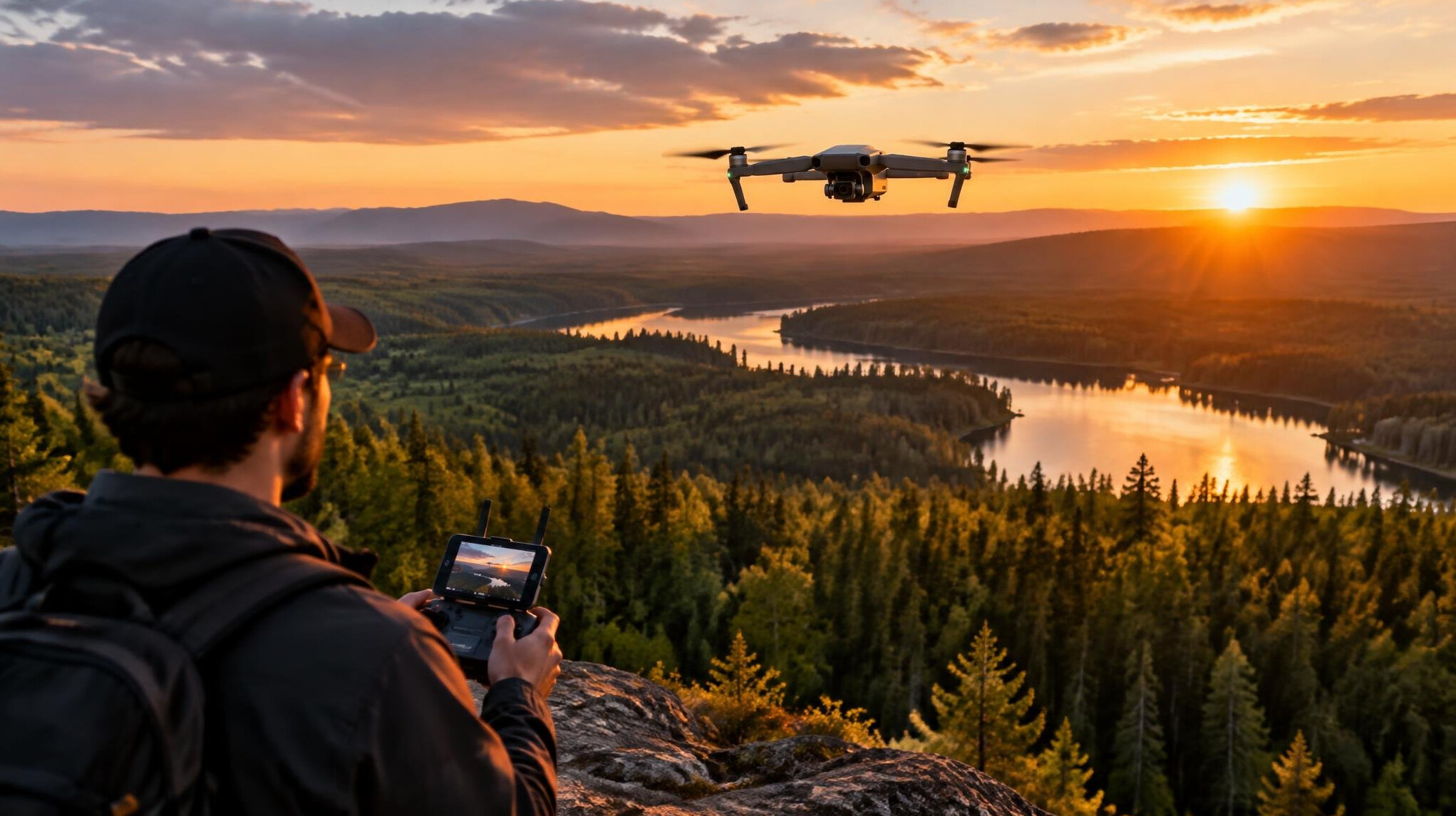 drone over forest at sunset