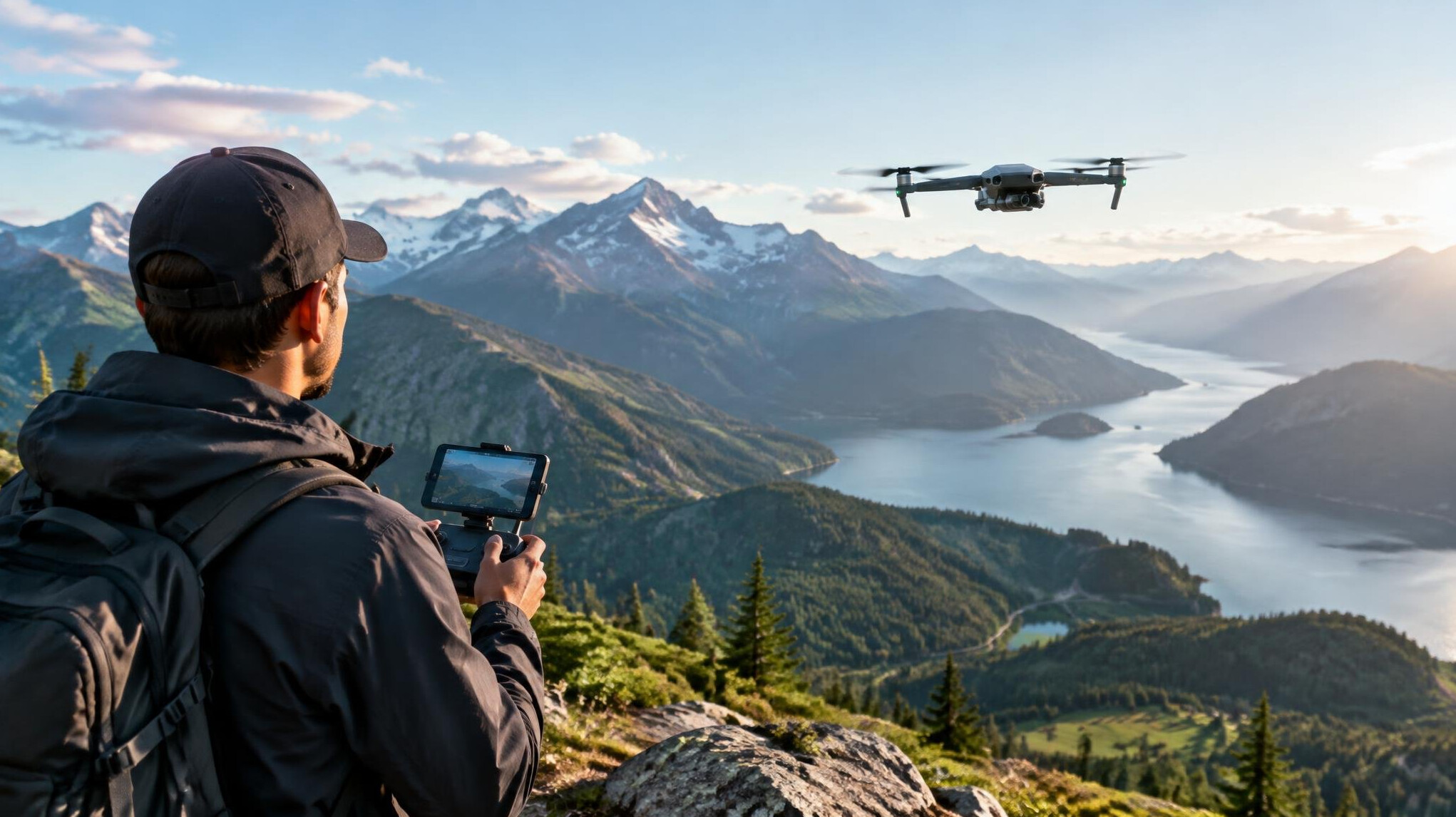 drone flying over mountains