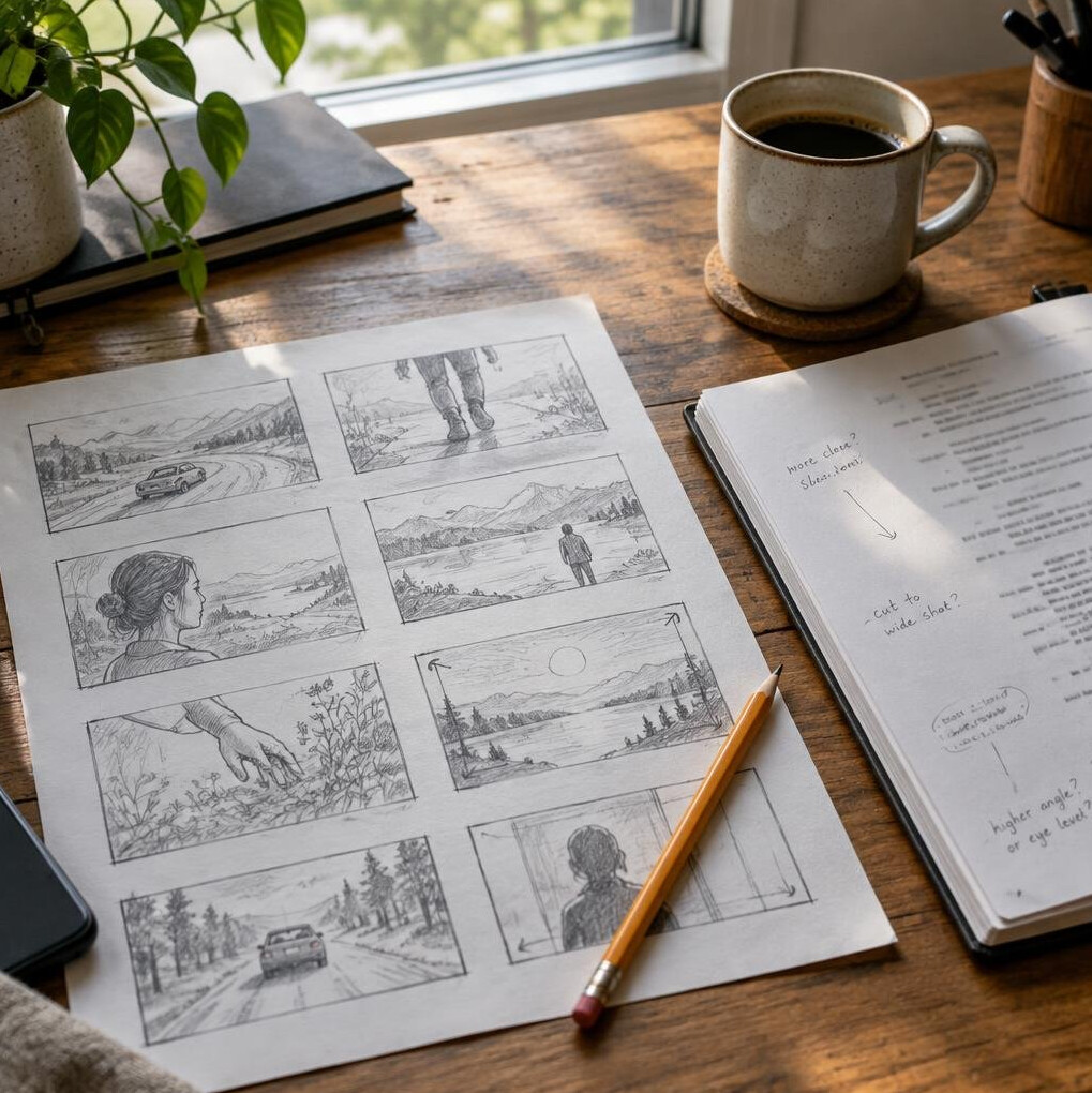 Storyboard sketches and notes on a desk
