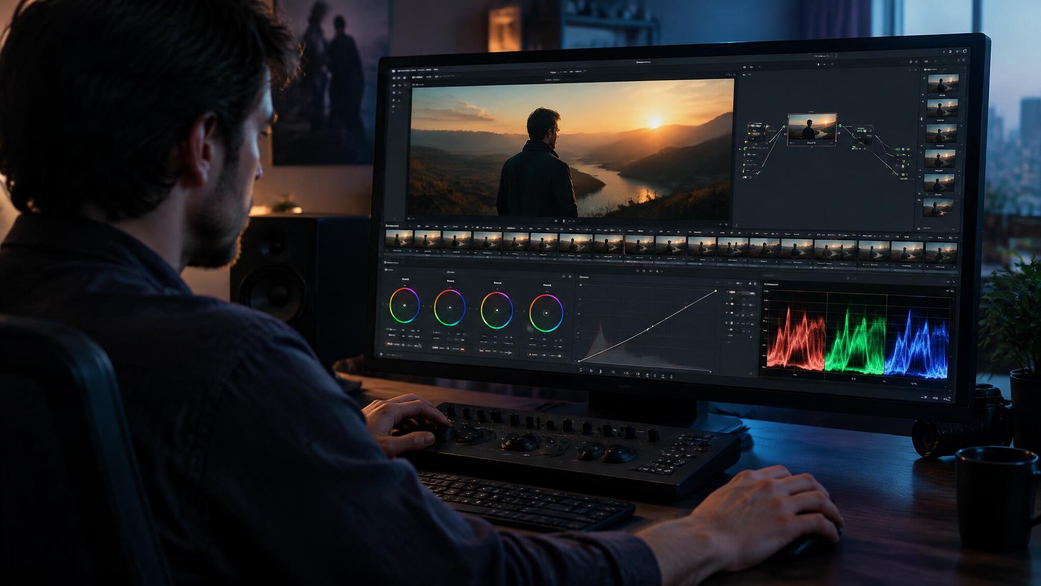 video editor adjusting colors on screen