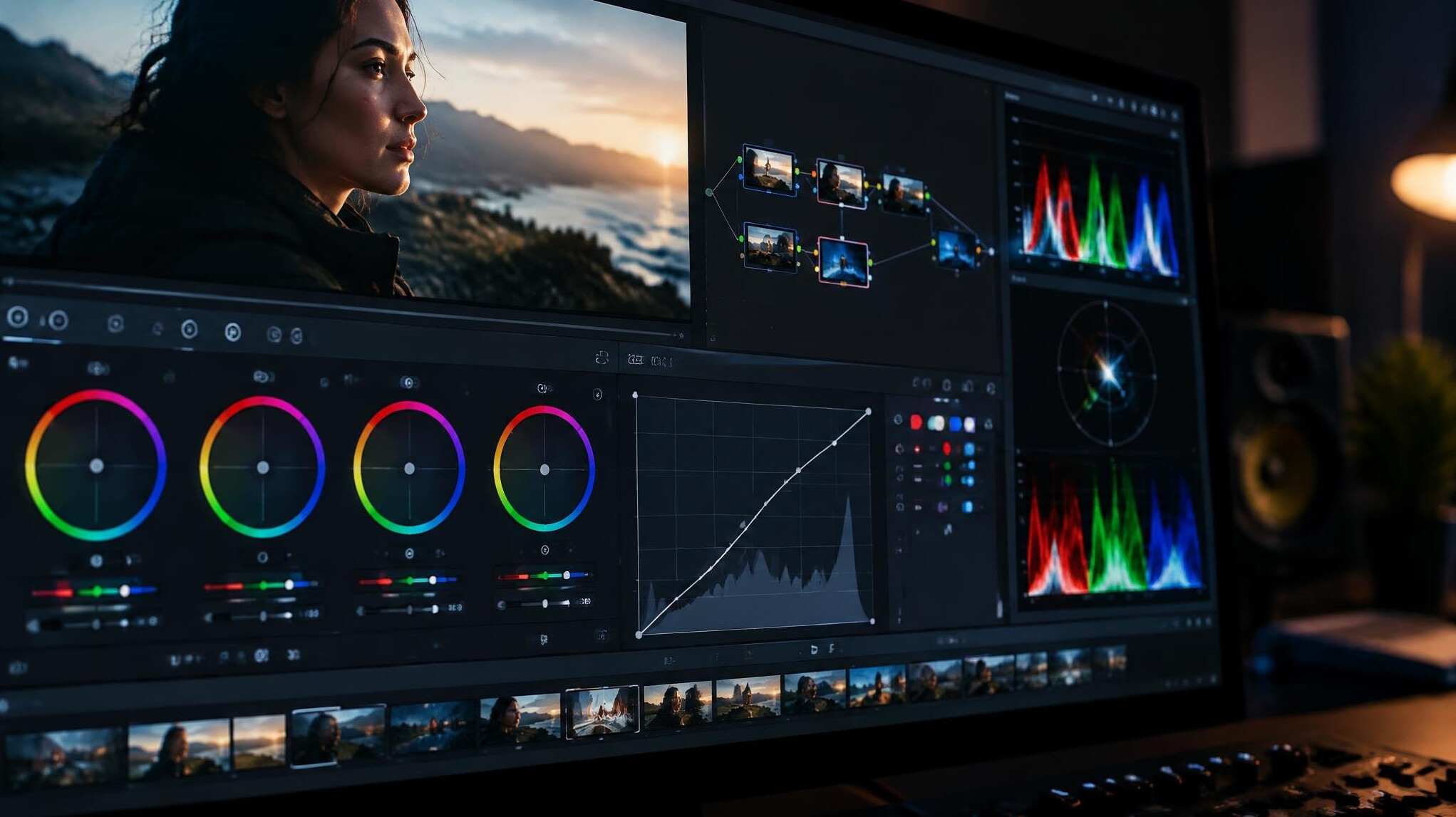 Advanced colour grading interface with scopes and wheels