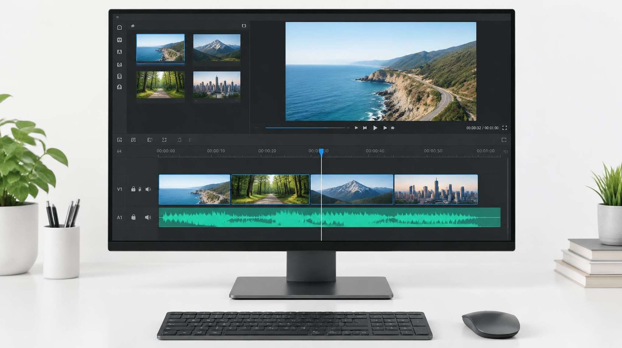 Simple video editing timeline with basic cuts on a monitor