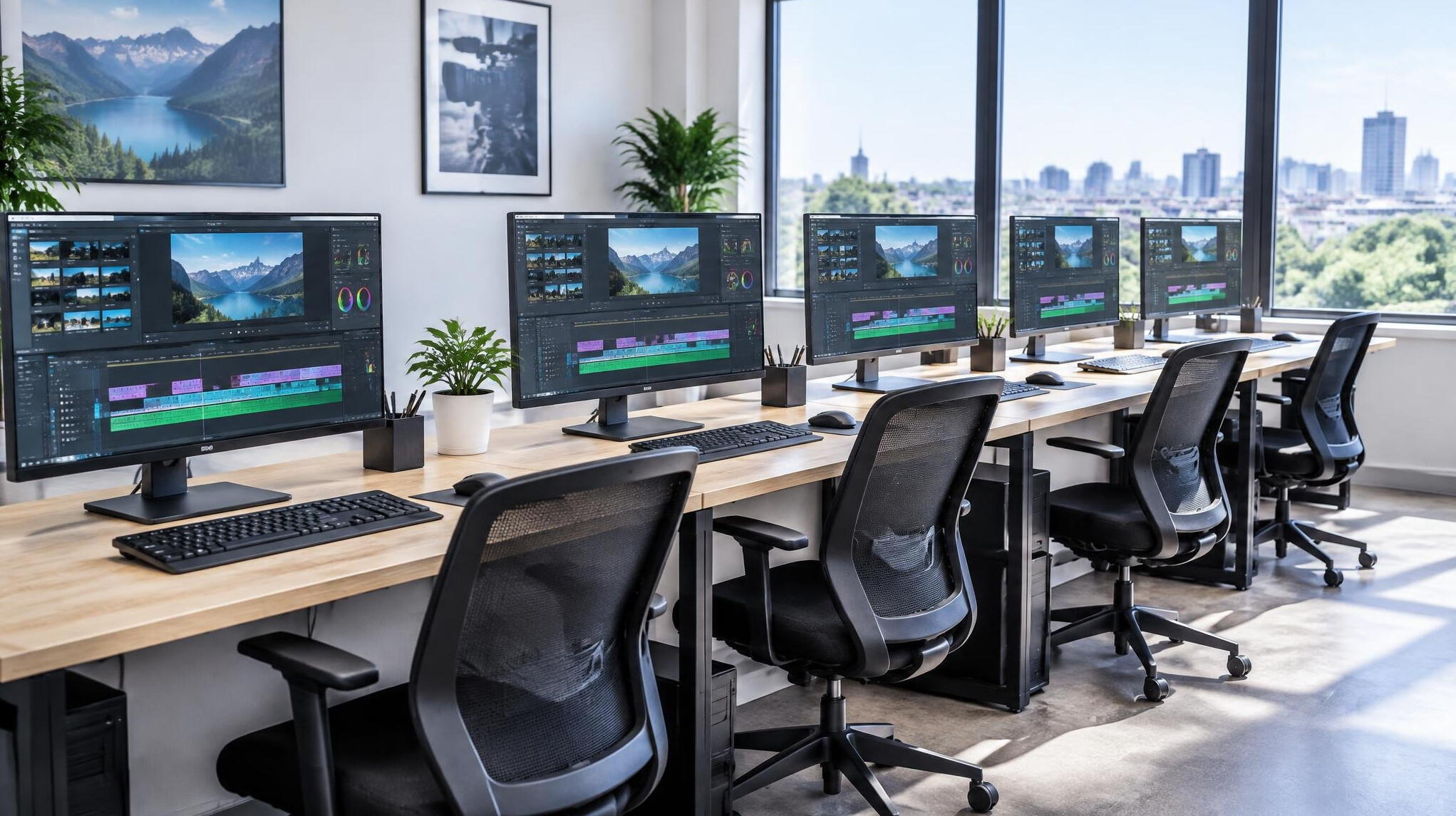 Training room with several video editing workstations