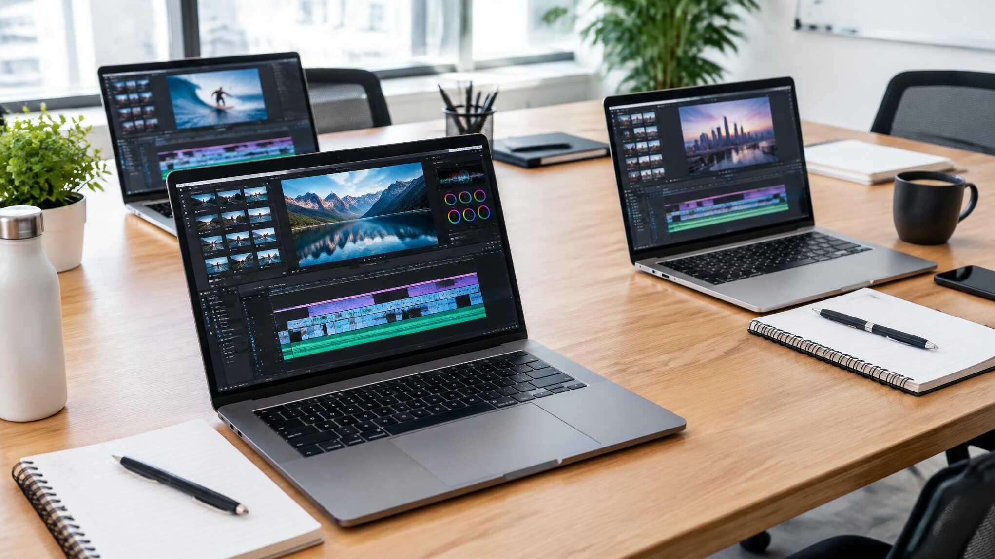 Open laptops and notebooks on a meeting table for a company training