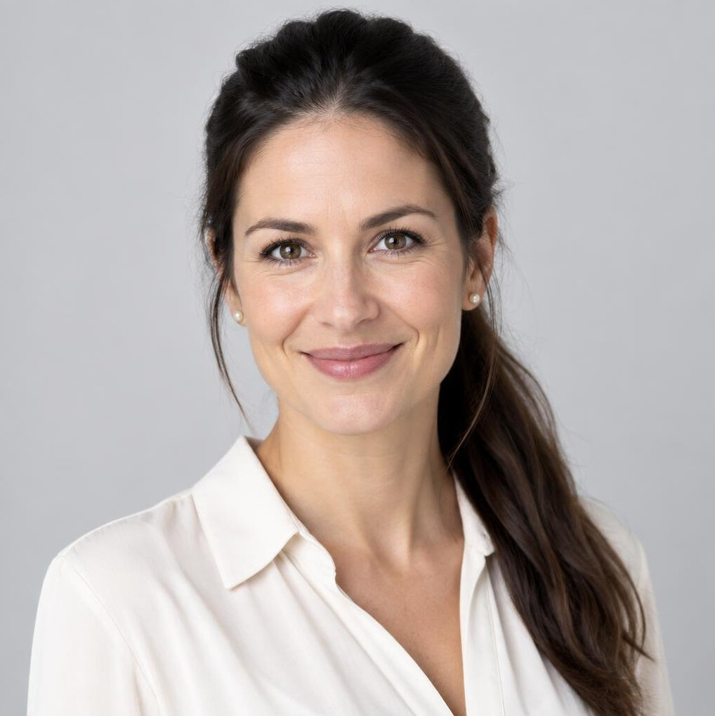 Portrait of a woman with long dark hair and a light blouse